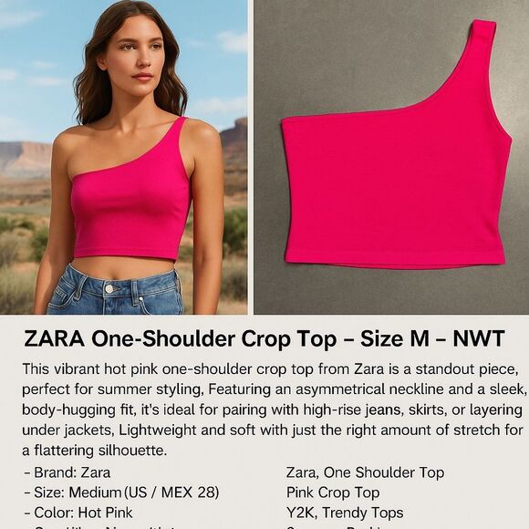 ZARA Hot Pink One-Shoulder Crop Top – Size M NWT - Picture 2 of 4